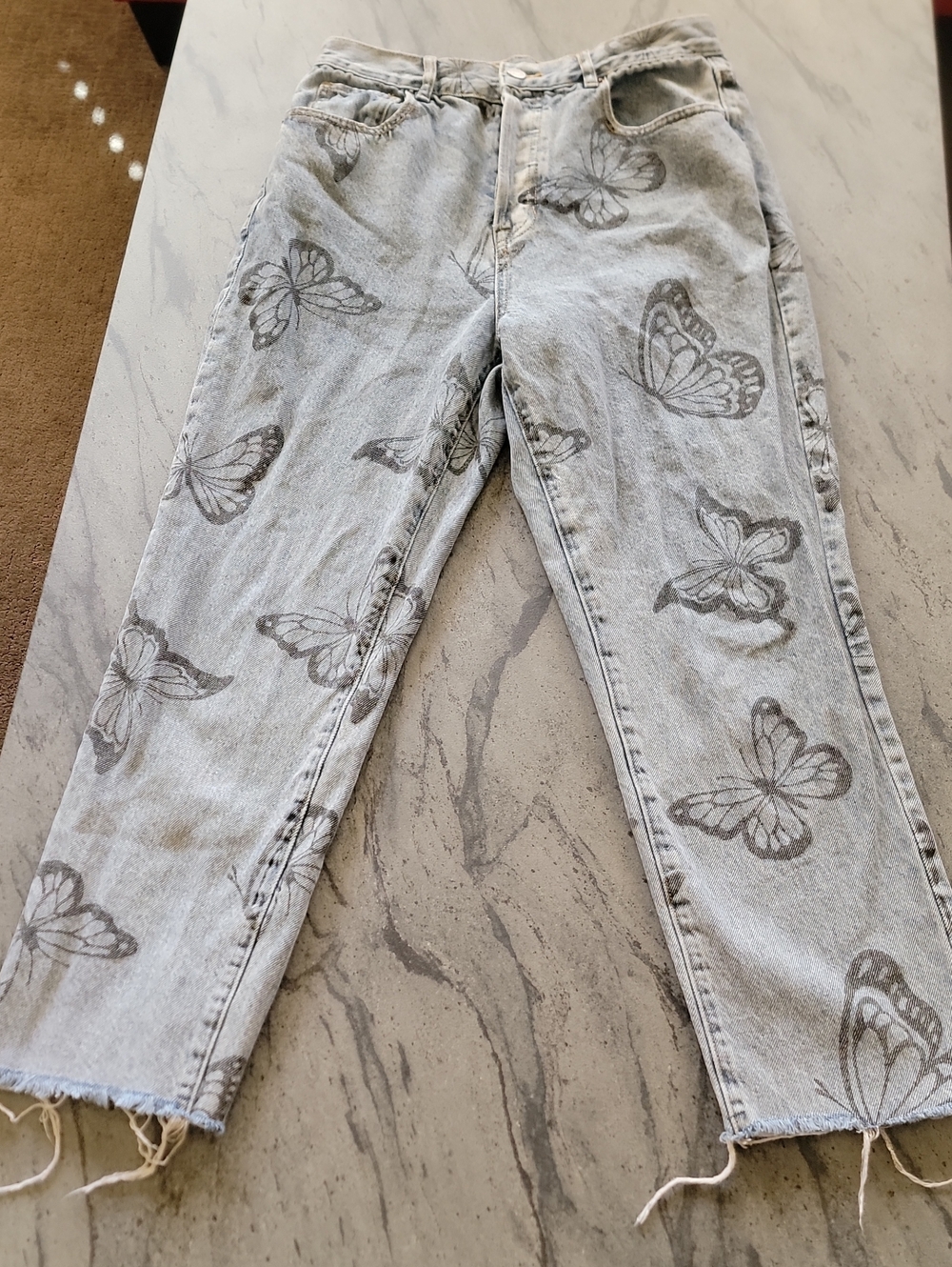 PAC SUN Blue Jeans Black Butterfly Print High Rise Size 29